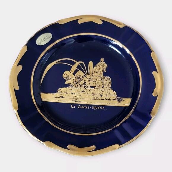 Oro De Ley Cobalt Blue 18k Gold Ceramic Plate La Cibeles Madrid 8 Inches - Picture 11 of 11